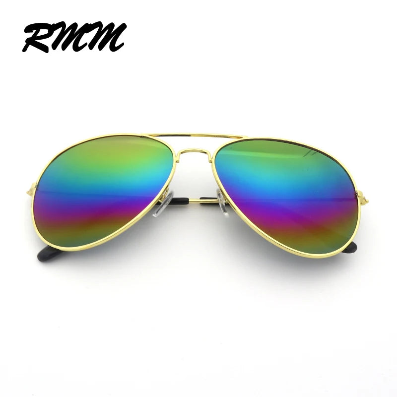 A pair of gold-framed pilot sunglasses with iridescent, rainbow-colored mirror lenses.