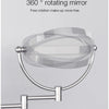 A clear, round makeup mirror with a flexible arm is shown, designed for 360 degree rotation.