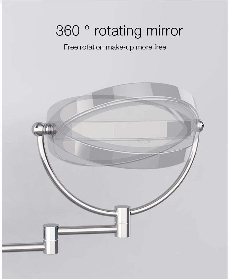 A clear, round makeup mirror with a flexible arm is shown, designed for 360 degree rotation.