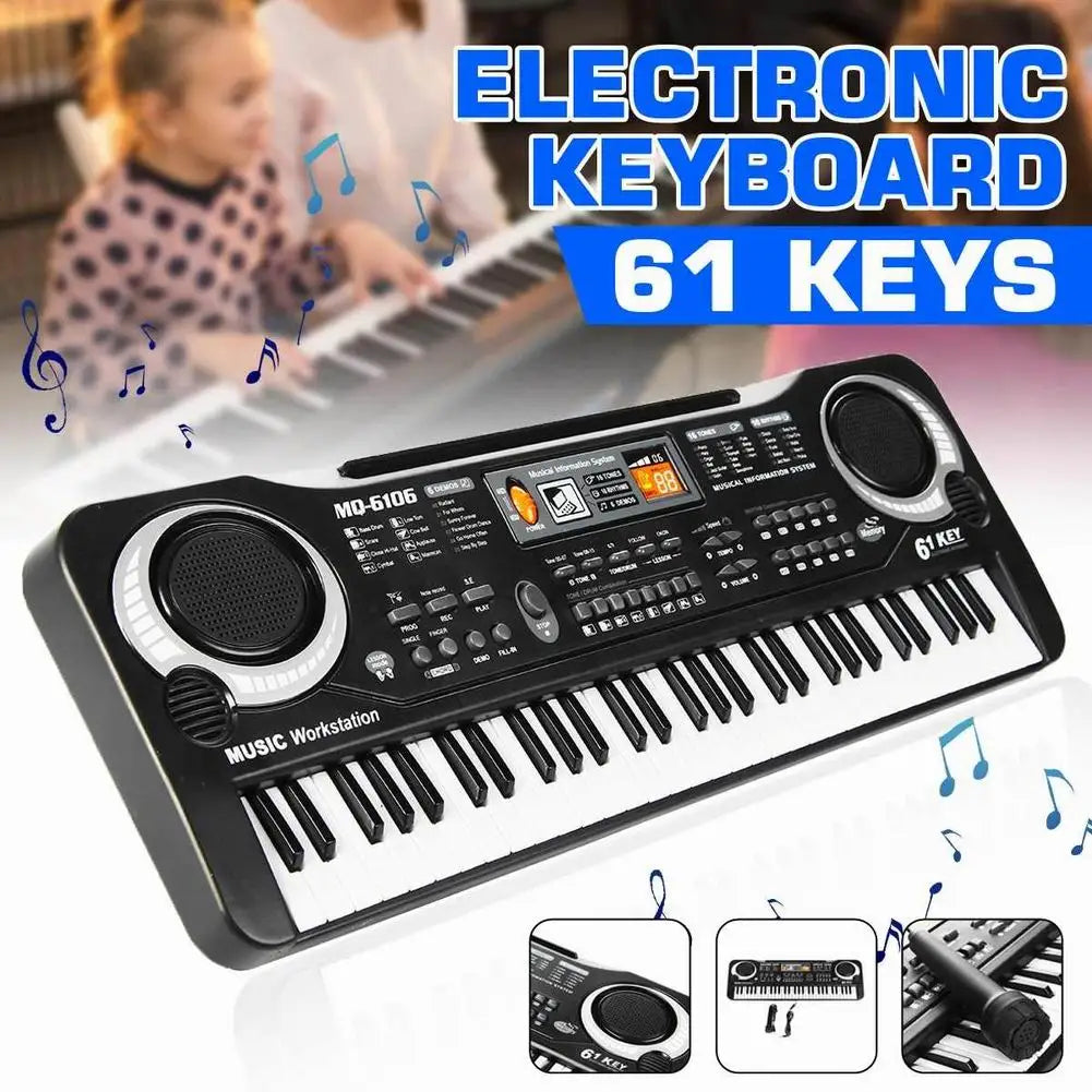 A black electronic keyboard with 61 keys and a microphone is shown on a desk.