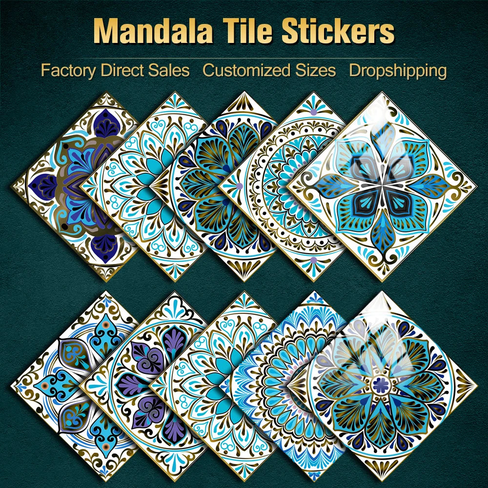 A collection of colorful mandala tile stickers featuring intricate floral and geometric patterns on a dark background.
