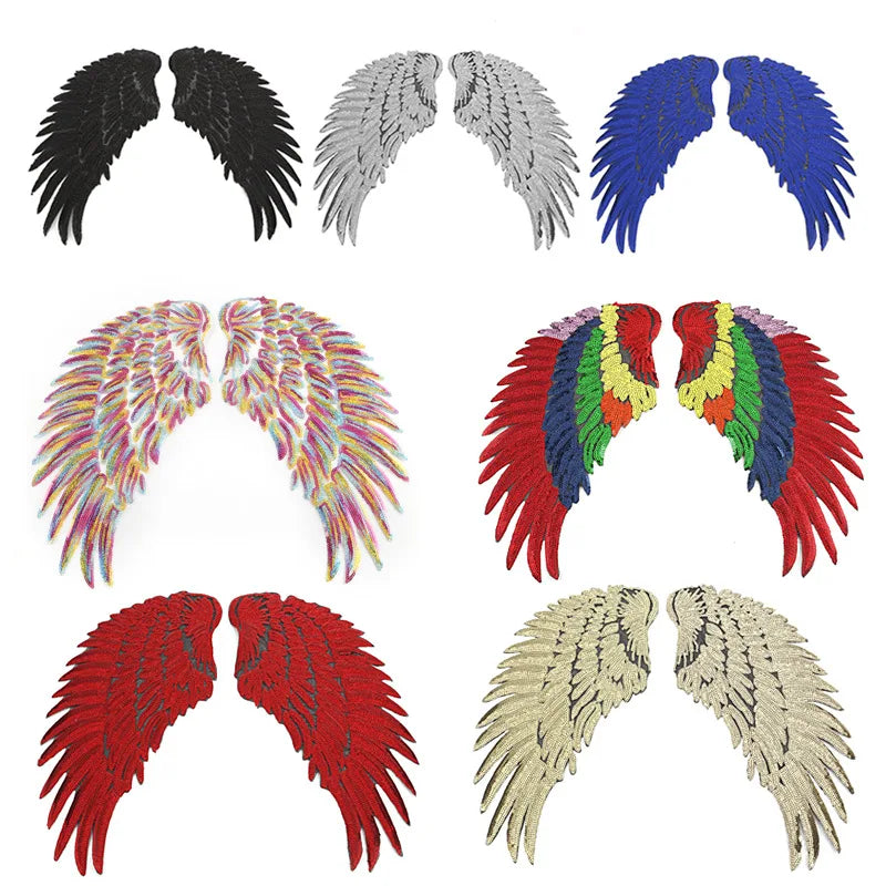 A collection of various feathered wing patches in black, gray, blue, and multi-colored designs.