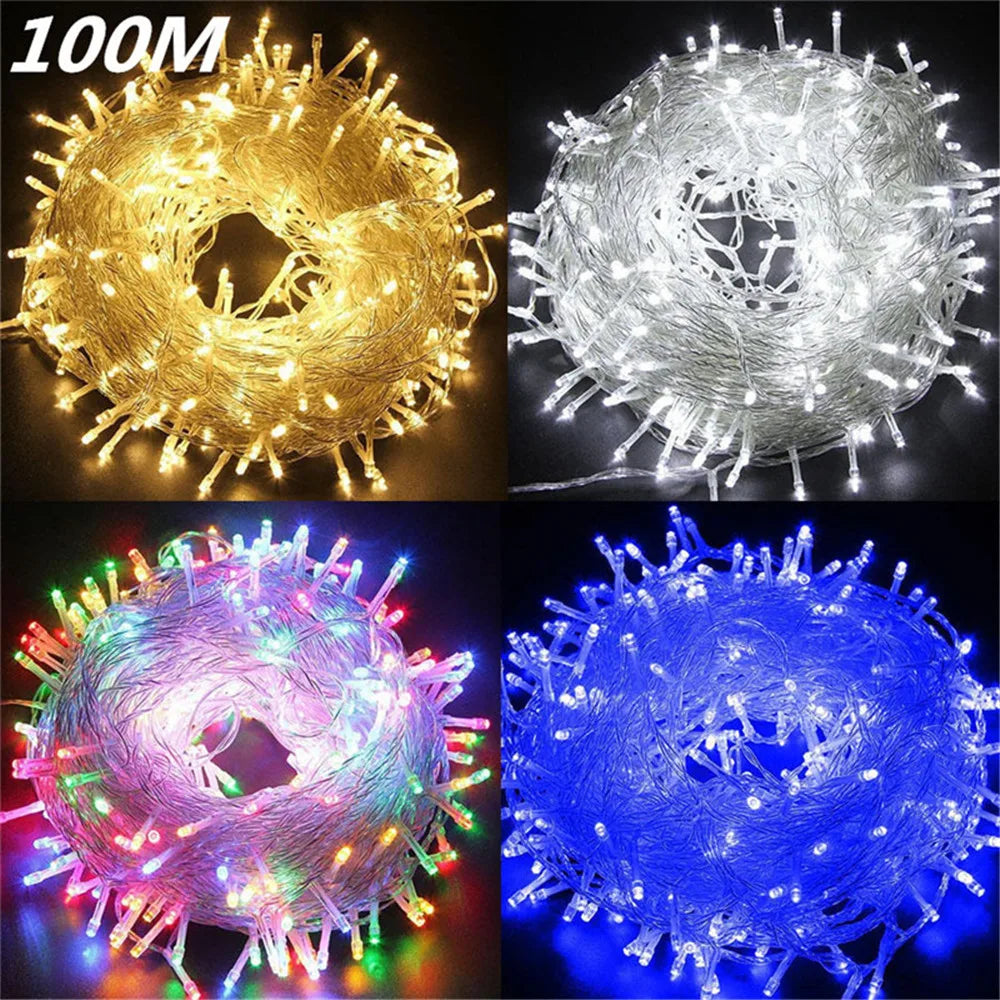 Three circular strands of outdoor LED string lights in yellow, white, and blue for holiday decoration