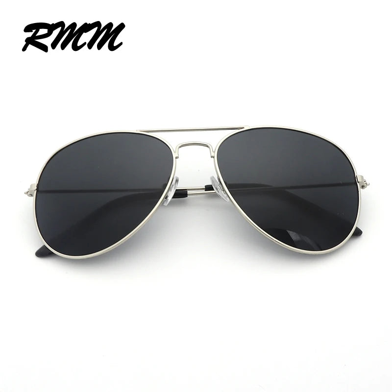 A pair of classic pilot sunglasses with black mirror lenses and silver frames.