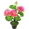 Artificial lotus flower bunch with pink and green accents growing in a pot