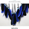 Colorful feather dream catcher with blue and black feathers used as woven home decoration.
