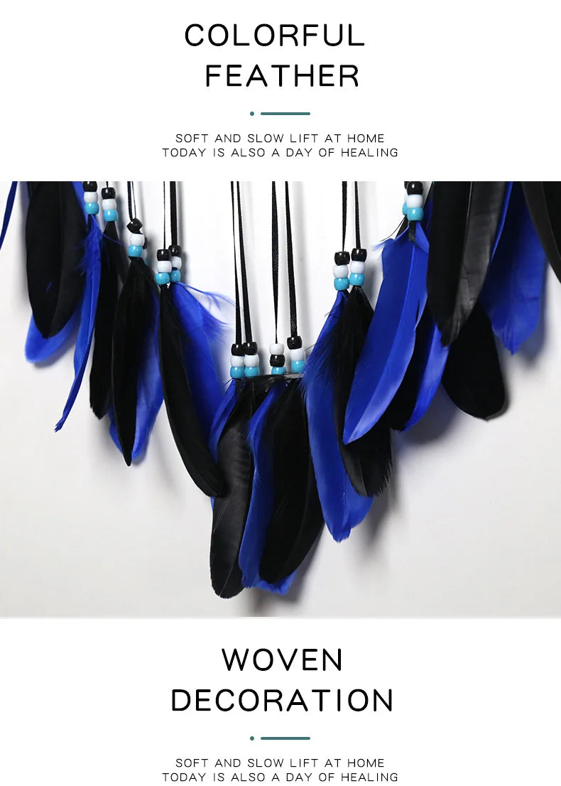 Colorful feather dream catcher with blue and black feathers used as woven home decoration.