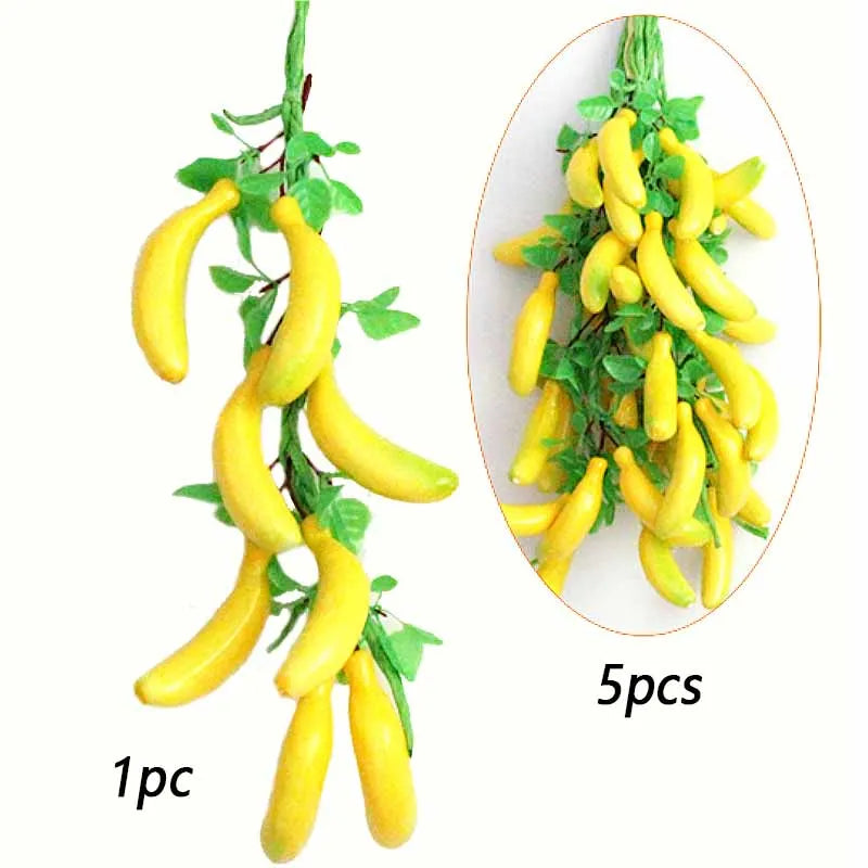 A bunch of yellow artificial bananas on a green stem, shown in a circular inset.