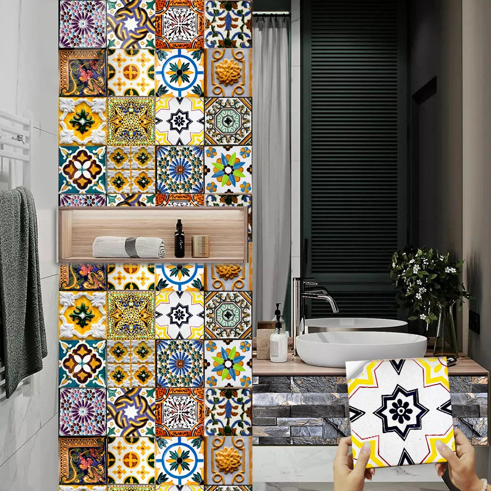 A close-up of a wall decorated with colorful retro Moroccan tile stickers, featuring geometric patterns and vibrant colors.