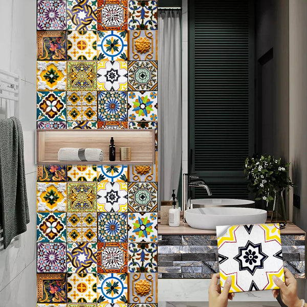 A close-up of a wall decorated with colorful retro Moroccan tile stickers, featuring geometric patterns and vibrant colors.