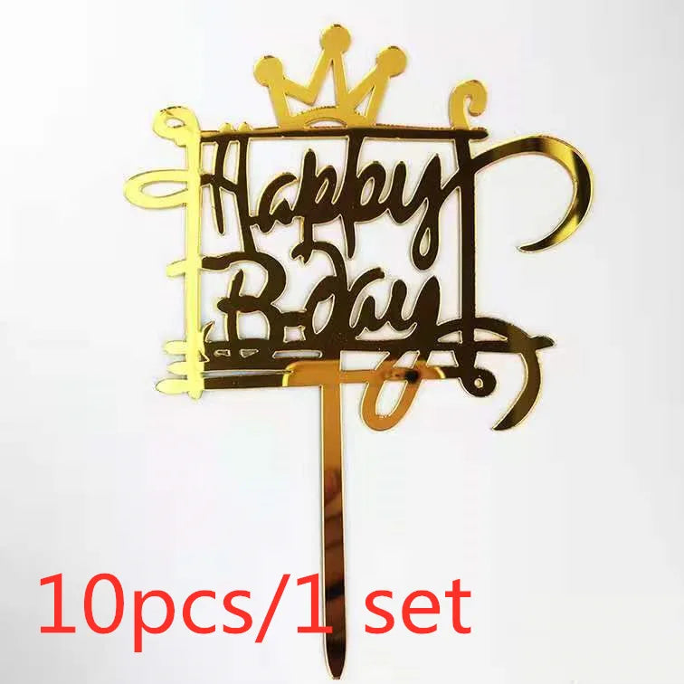A set of ten gold acrylic cake toppers featuring the words Happy Boy and a crown design.