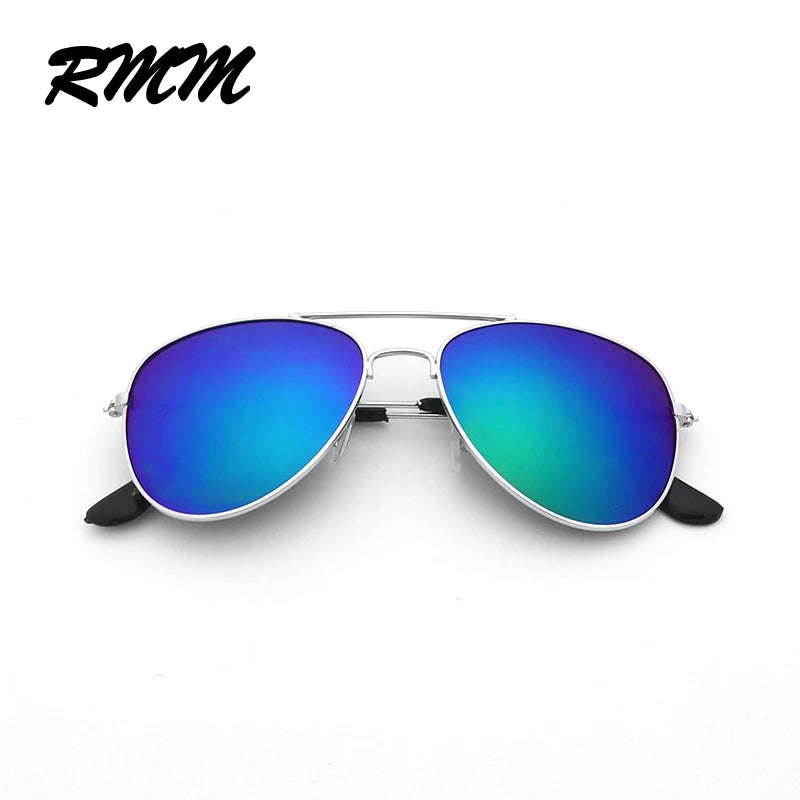 A pair of classic pilot sunglasses with blue and green mirror lenses and silver frames.