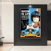 A canvas poster featuring a black and blue design with text about racing and a yellow race car.