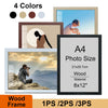 A set of four colored wooden picture frames, including an A4 size frame with a landscape photo.