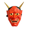 A vibrant orange Japanese Hannya demon mask with horns and fierce facial features.