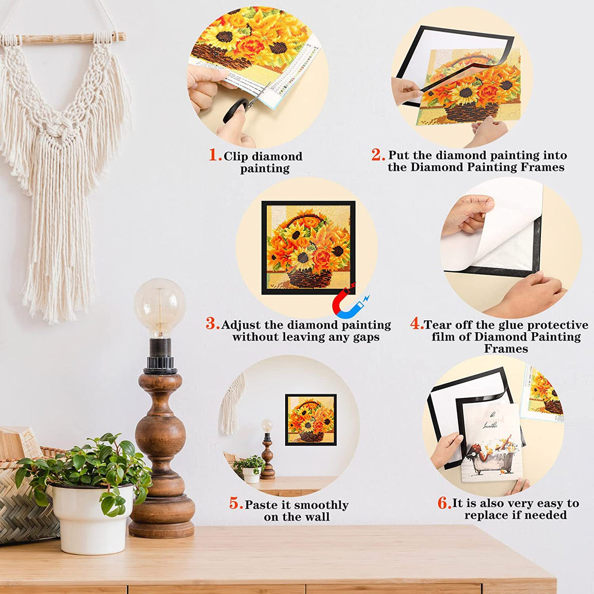 Instructions show how to clip, adjust, and paste a diamond painting into a frame for display on a wall.