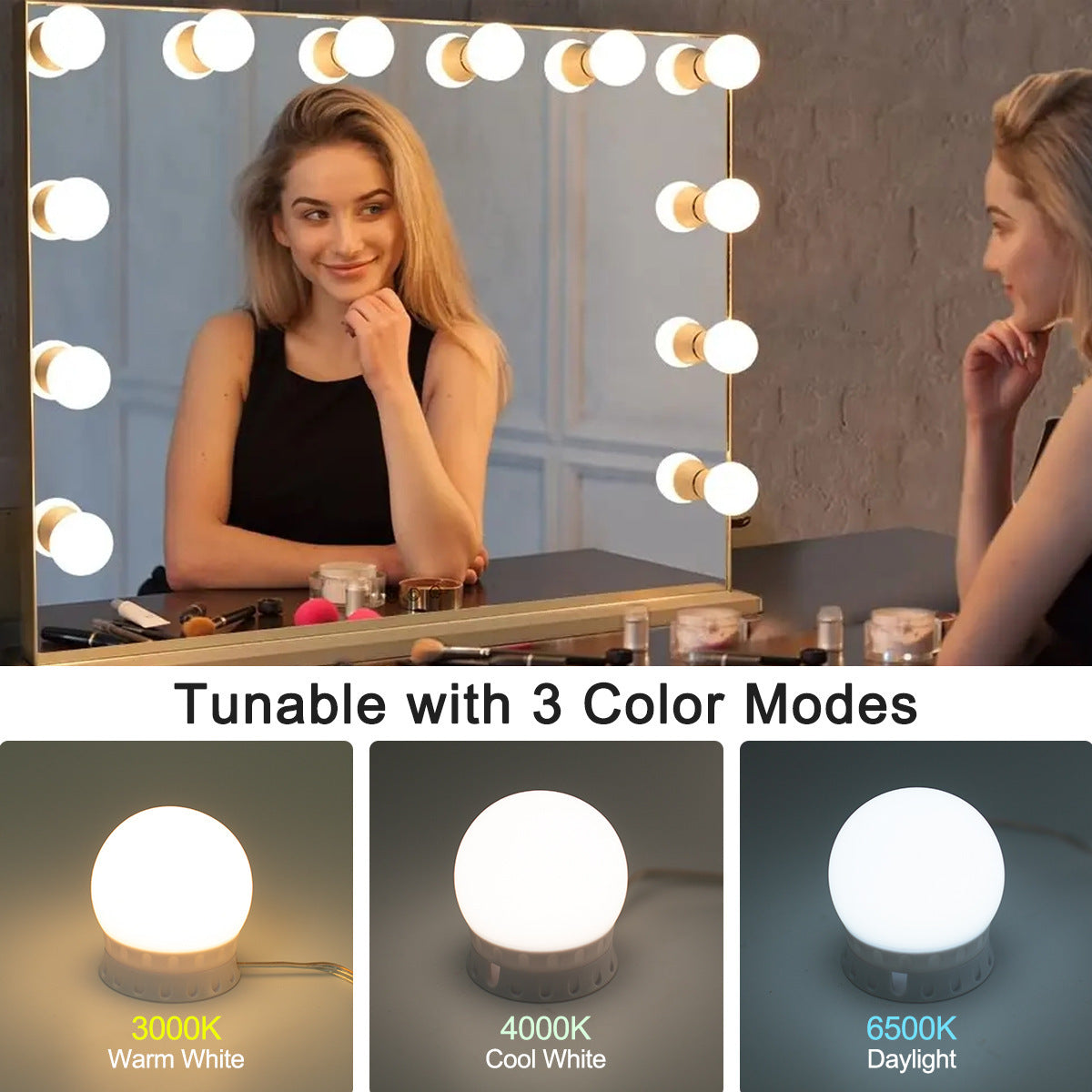 A set of three dimmable USB LED vanity lights showing warm white, cool white, and daylight modes.