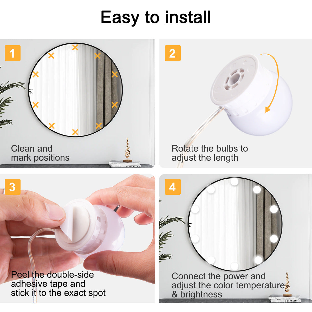 Step-by-step instructions showing how to install a dimmable USB LED vanity light for a makeup mirror.