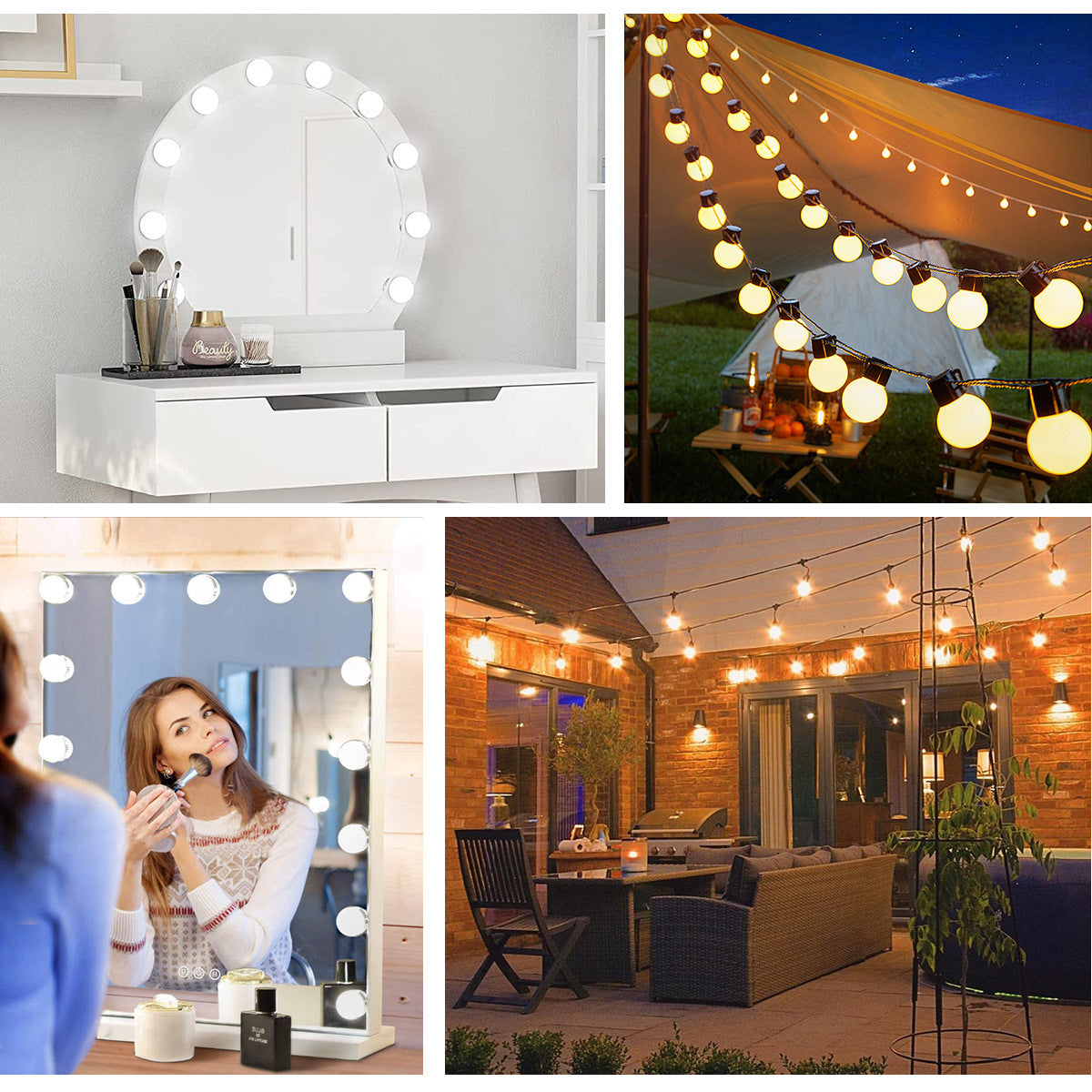 A white LED vanity mirror light mounted on a dresser, illuminating a woman applying makeup.