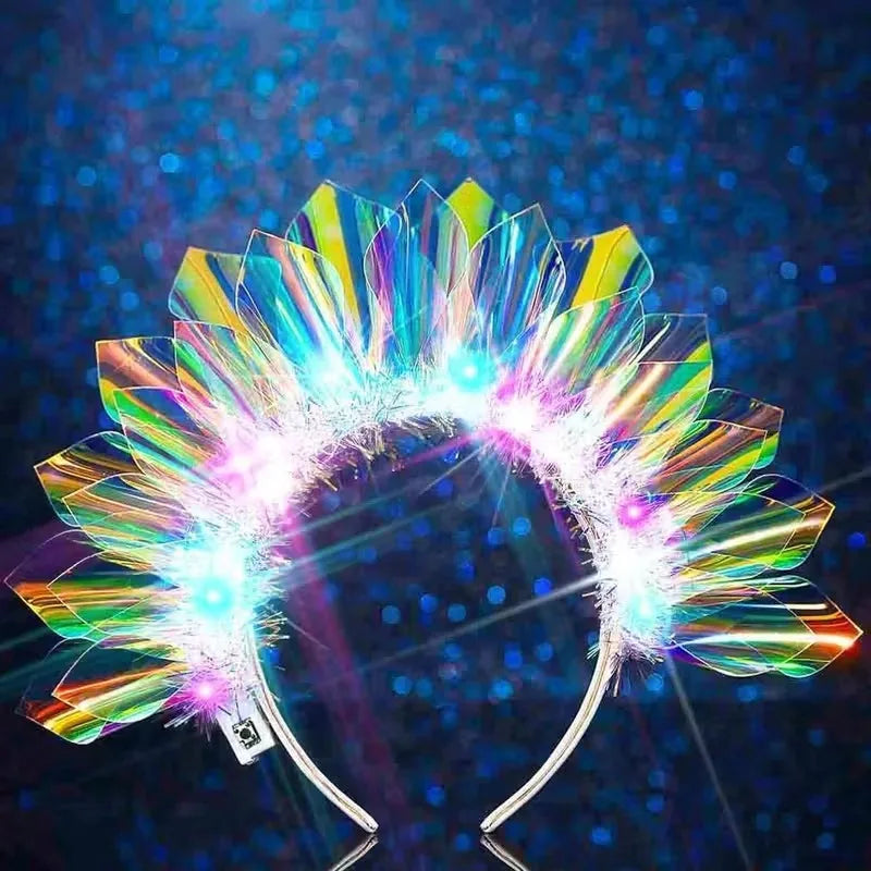 An LED glowing headband shaped like a bright, colorful flower or sunburst.