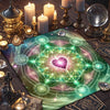 A green sacred geometry altar cloth featuring a glowing heart design surrounded by intricate geometric patterns and candles.