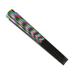 A handheld folding fan with iridescent, multi-colored UV fluorescent blades.