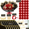 A kit containing artificial red roses, gold glitter accents, and black wrapping materials for a bouquet.