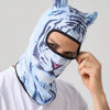 A person wearing a light blue tiger print balaclava mask with cat ears.