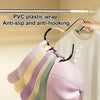 A set of five purple and pastel colored baseball caps are hanging on a PVC plastic wrap anti-slip and anti-hooking organizer.