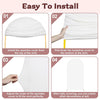 Instructions showing how to install and adjust a white spandex cover for an arch stand backdrop.