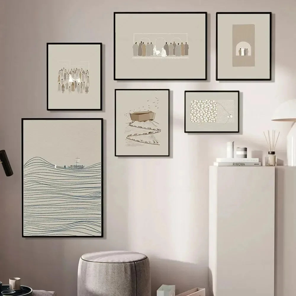 Una galería de pared con varios cuadros en lienzo que representan a Jesús lavando los pies.