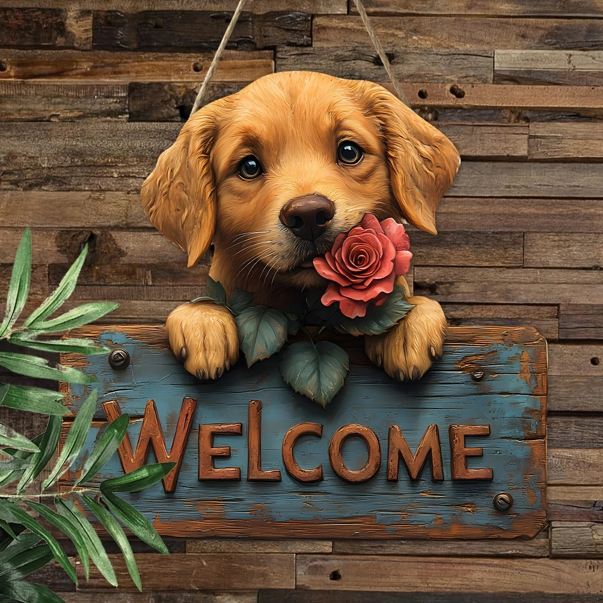 Un chiot doré repose sur une pancarte en bois avec le mot BIENVENUE gravé, entouré de feuilles vertes.