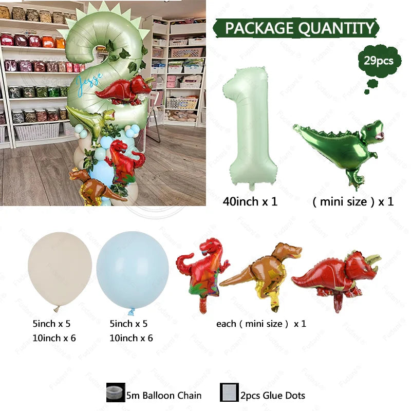 Paket mit Dinosaurierballons, darunter ein großer grüner Spiralballon, ein 1-Zoll-Ballon und kleine rot-grüne Dinosaurier