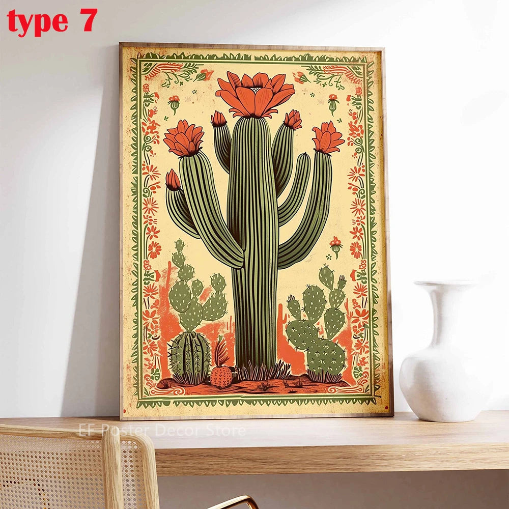Vintage cactus floral art poster featuring a large columnar cactus with orange flowers on a colorful retro background