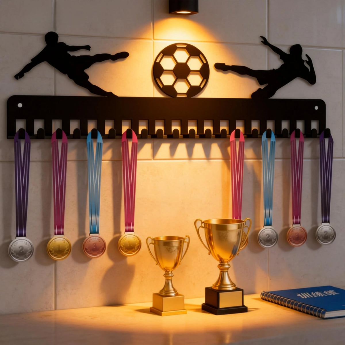 A black metal display rack with 20 hooks for wall mounting, featuring soccer-themed medals and trophies.