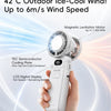 A hand holds a white handheld cooling fan with a magnetic levitation motor and LCD display.