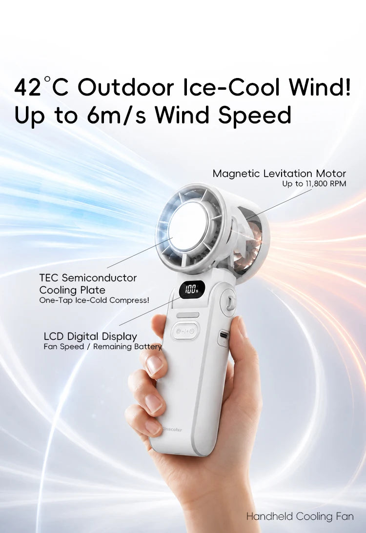 A hand holds a white handheld cooling fan with a magnetic levitation motor and LCD display.