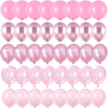 A collection of pink and iridescent pearl confetti latex balloons for party decorations.