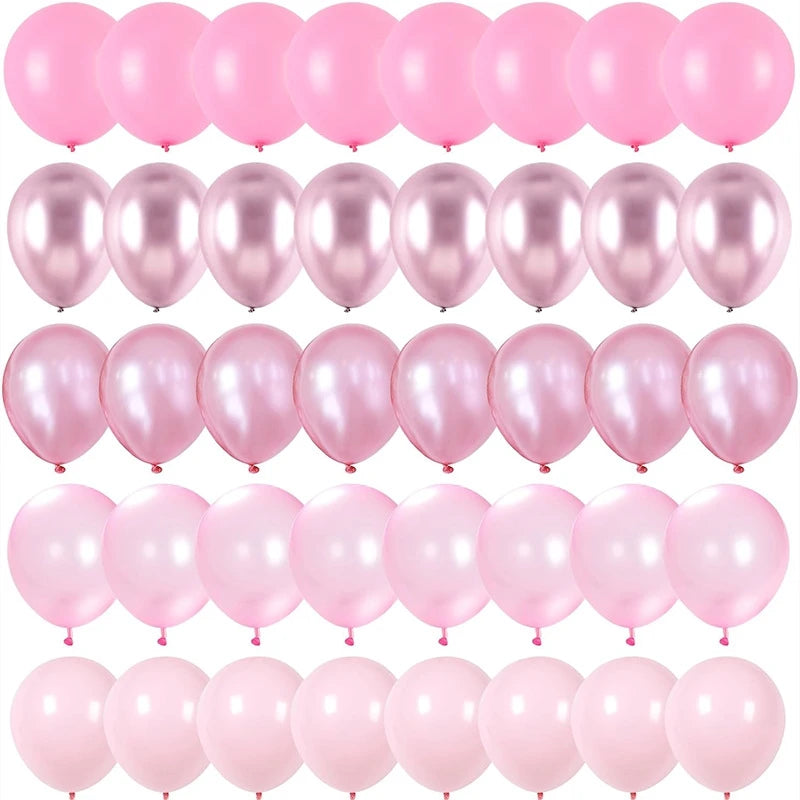 A collection of pink and iridescent pearl confetti latex balloons for party decorations.