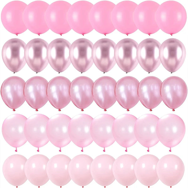 A collection of pink and iridescent pearl confetti latex balloons for party decorations.