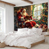 A festive tapestry featuring Santa Claus reading a book in an ornate chair against a Christmas backdrop.