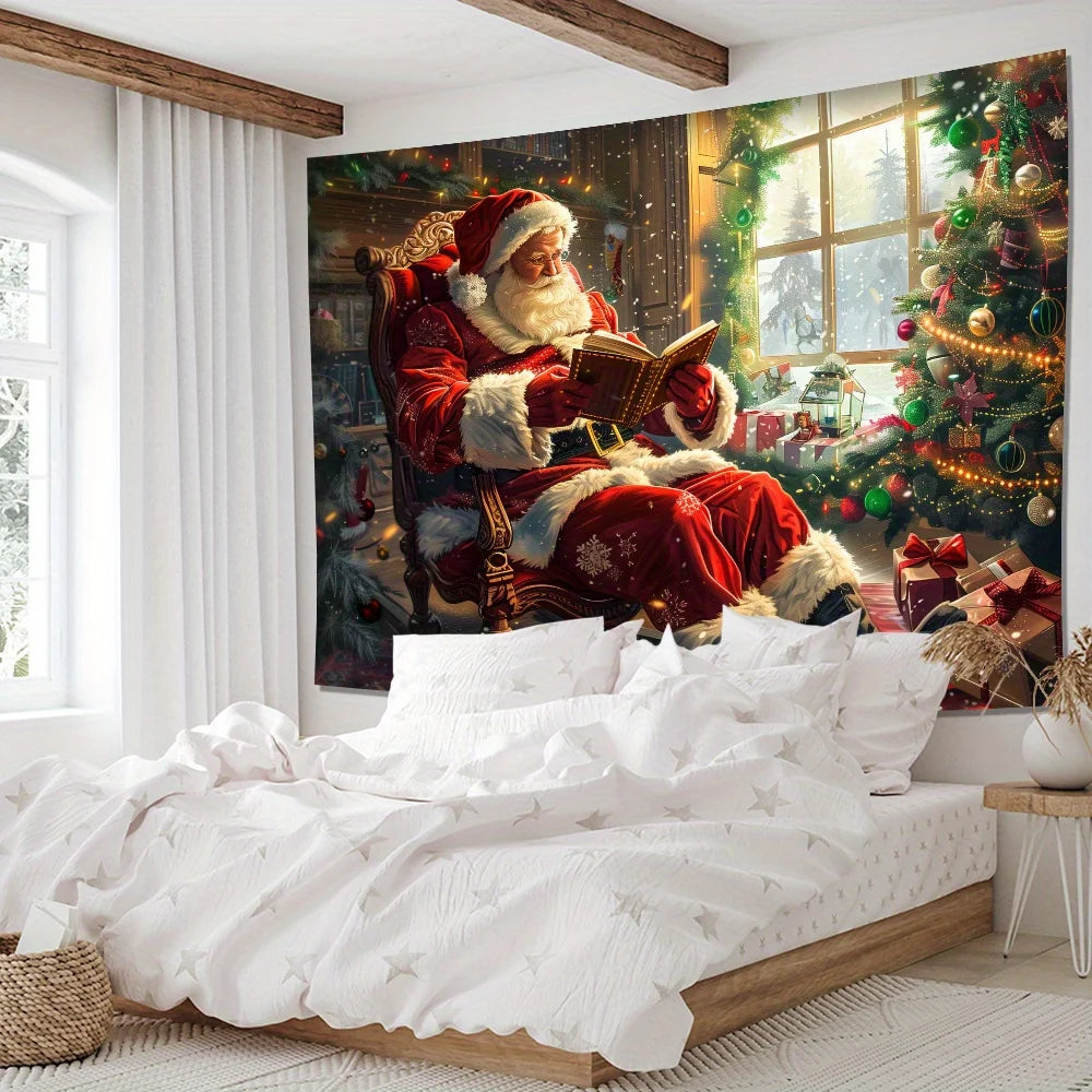 A festive tapestry featuring Santa Claus reading a book in an ornate chair against a Christmas backdrop.