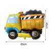 A yellow construction truck foil balloon decorated with black and white stripes and blue accents for party decor.