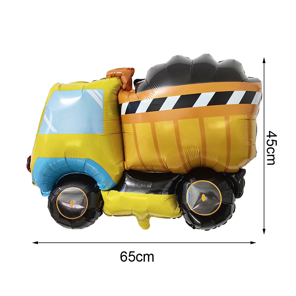 A yellow construction truck foil balloon decorated with black and white stripes and blue accents for party decor.