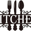 Black silhouette of a fork, knife, and spoon crossed on a decorative banner for a kitchen sign.