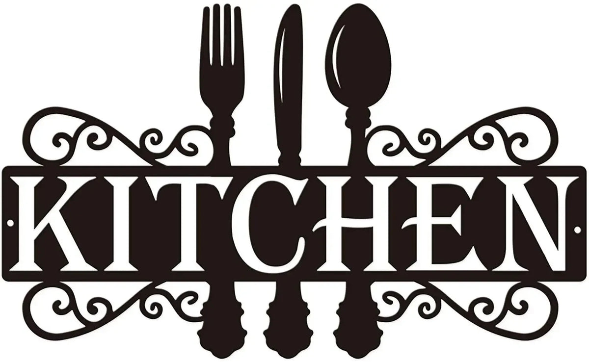 Black silhouette of a fork, knife, and spoon crossed on a decorative banner for a kitchen sign.