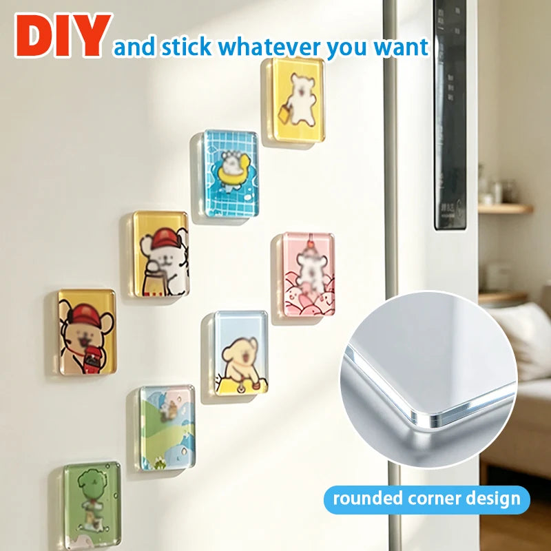 DIY transparent acrylic fridge magnets with various designs stuck on a white refrigerator