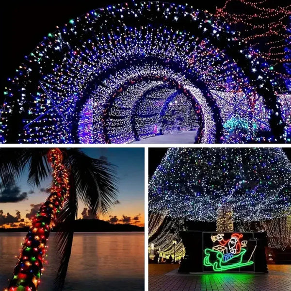 A wide shot of an arched tunnel decorated with numerous multicolored LED string lights illuminating a snowy outdoor scene.