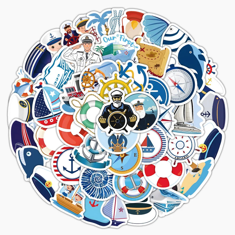 A collection of cartoon stickers featuring various sailing themes like ships, flags, and nautical symbols.