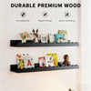 A set of two dark wood floating shelves displaying decorative items and features like strong and sturdy design.